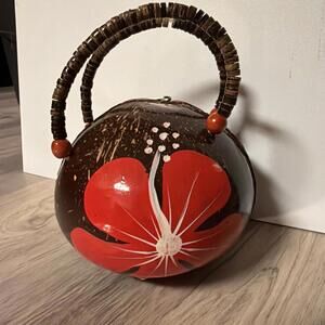 Vintage Hawaiian Coconut Shell Purse Hawaii Aloha Yellow Hibiscus Flower Zipper